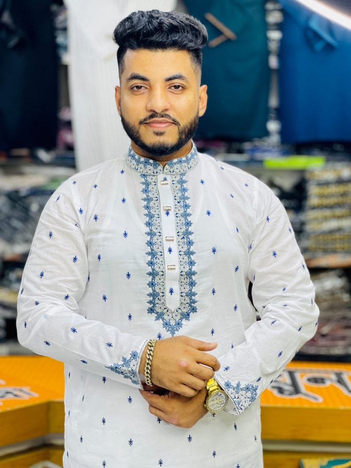 1101 (Code: 1101) - সাদা কালারের উপর নিল এমব্রয়ডারি - ধুতি কাপর - ব্লোসম ডিজাইন - Image 1