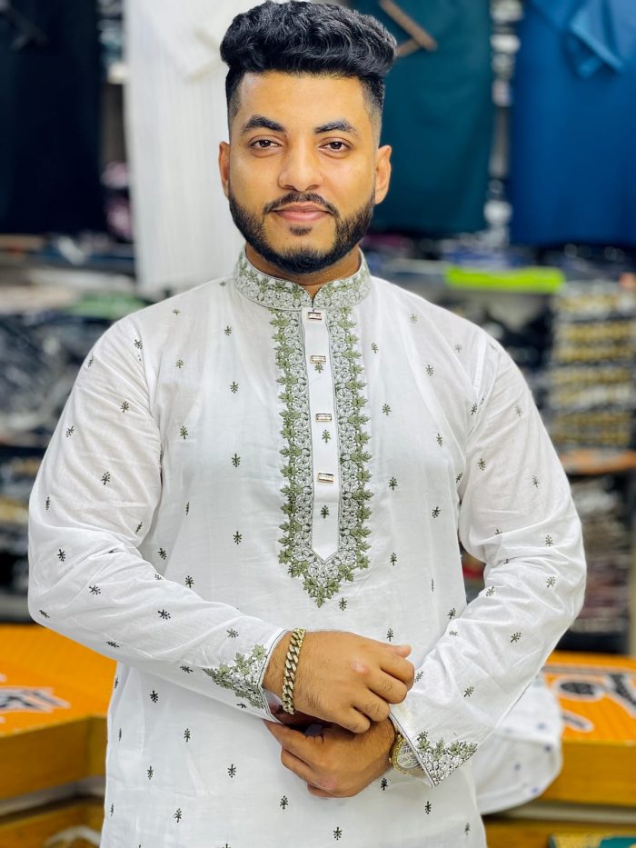 1102 (Code: 1102) - সাদা কালারের উপর সবুজ এমব্রয়ডারি - ধুতি কাপর - ব্লোসম ডিজাইন - Image 1